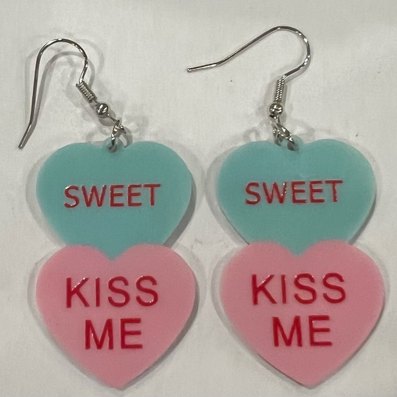 Valentines Day double heart earrings dangle lightweight colorful casual new - Picture 1 of 1